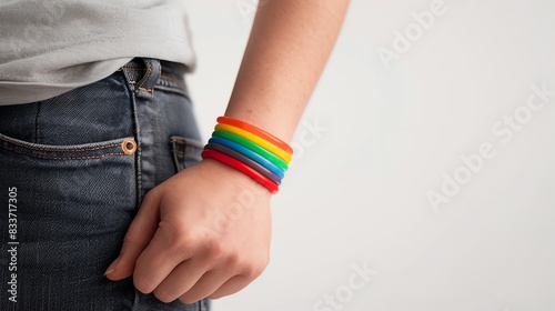 Closeup of a person wearing a rainbow bracelet, representing LGBTQ pride and solidarity Isolated white background, copy space
