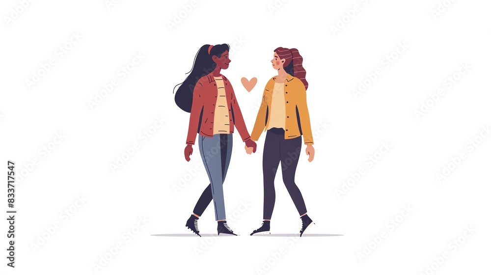 Happy lesbian couple holding hands, smiling at each other, representing love and pride in their relationship Isolated white background, copy space Happy lesbian couple holding hands, smiling at each other, representing love and pride in their relationship Isolated white background, copy space