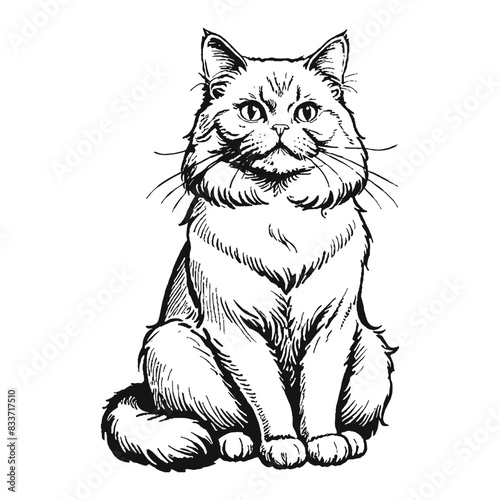 Persian Cat Hand Drawn Engraved Ink Line Art Sketch Illustration