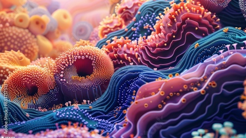 Abstract Coral Reefs  Stylized representations of coral reefs with bright colors and surreal shapes