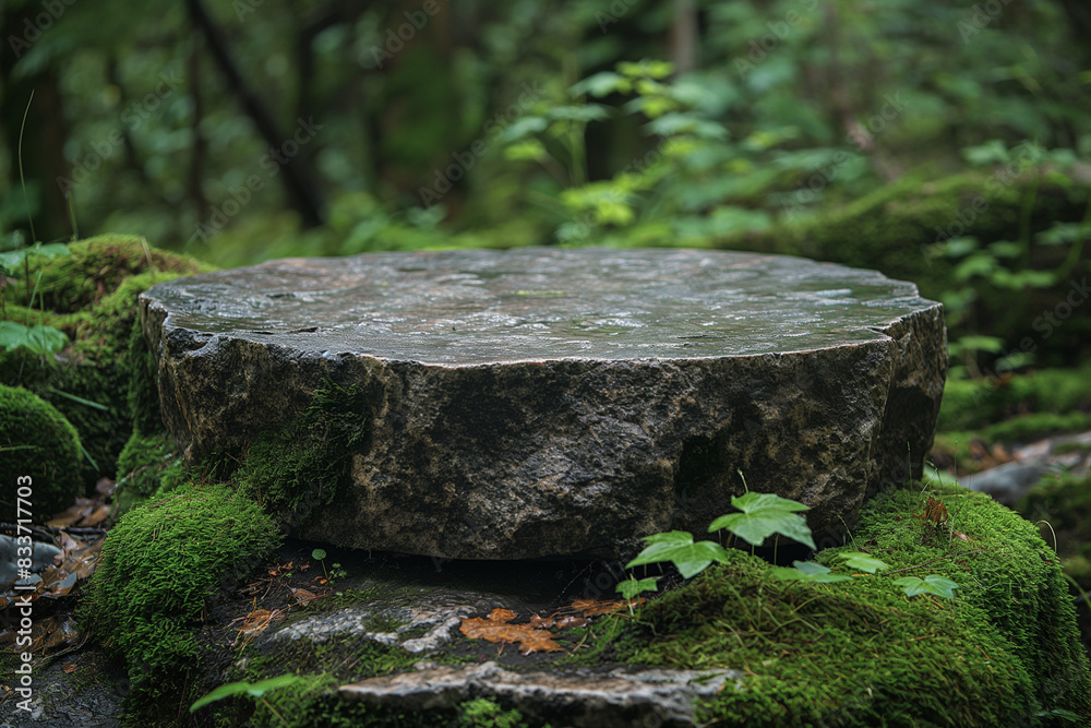 A moss-covered stone pedestal in a forest, showcasing natural beauty and tranquility. A moss-covered stone pedestal in a forest, showcasing natural beauty and tranquility.