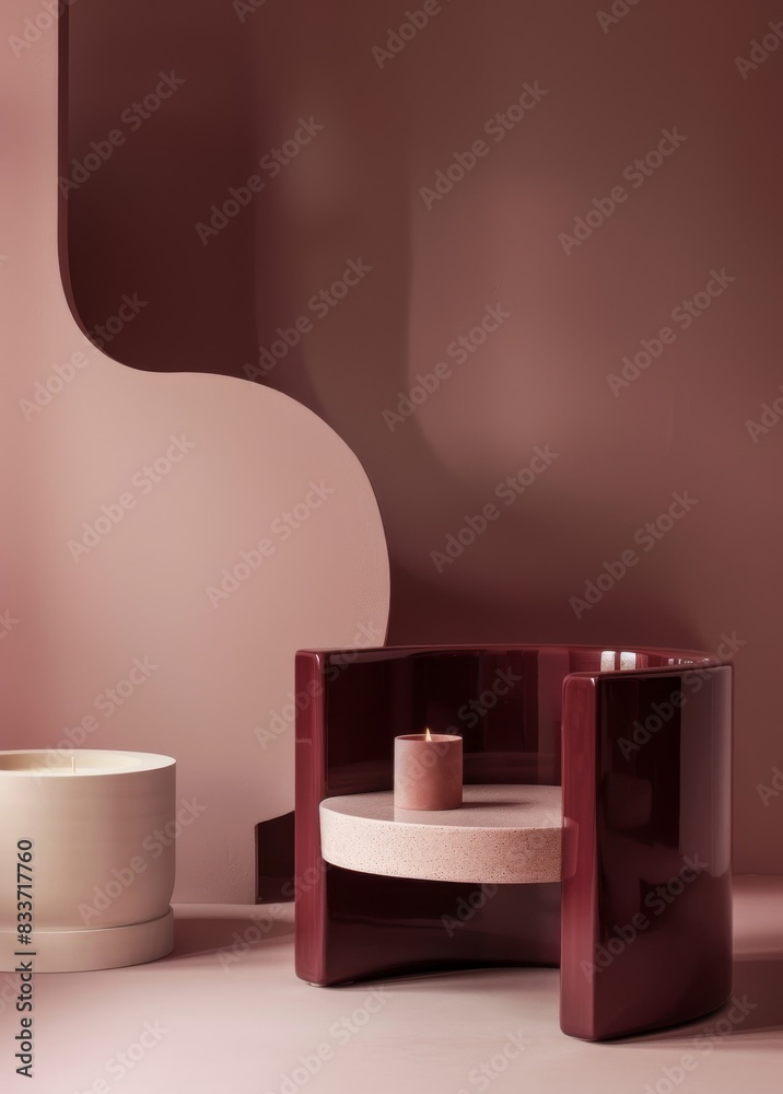 Modern minimalist burgundy and pink aesthetic with stylish chair and cozy candle Modern minimalist burgundy and pink aesthetic with stylish chair and cozy candle