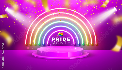 Pride Month LGBTQ Illustration with Glowing Rainbow Neon Light and Podium on Falling Confetti Background. Be Kind Vector LGBT Event Banner Design for Postcard, Banner, Greeting Card, Flyer, Invitation