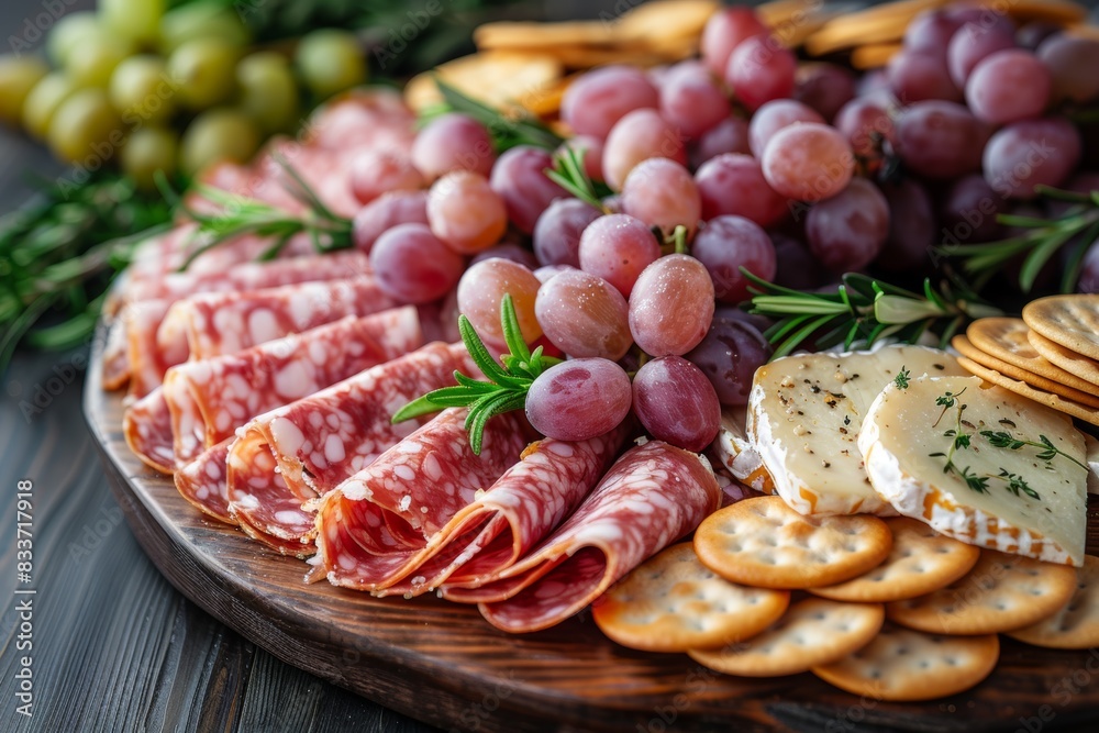 charcuterie platter, delicious mortadella and cheese platter with crackers grapes, great for any party or wine evening a perfect addition