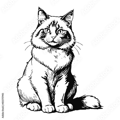 Ragdoll Cat Hand Drawn Engraved Ink Line Art Sketch Illustration