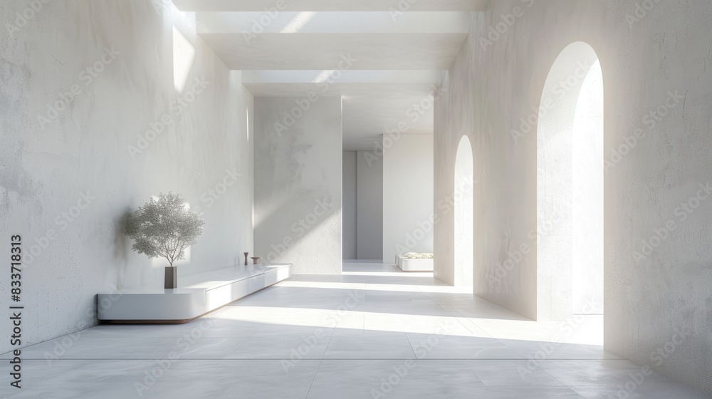 Fototapeta premium Abstract architectural composition with smooth white surfaces and ample empty space, highlighting modern design