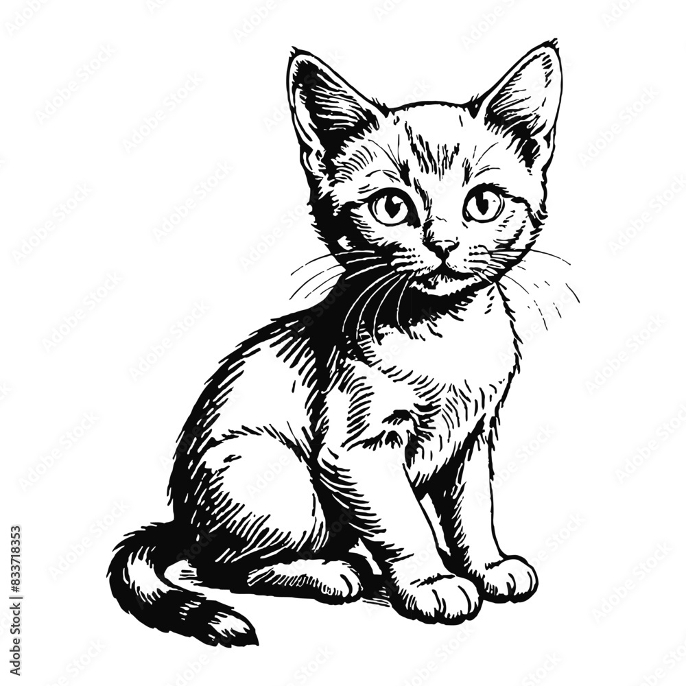 Russian Blue Cat Kitten Hand Drawn Engraved Ink Line Art Sketch Illustration Russian Blue Cat Kitten Hand Drawn Engraved Ink Line Art Sketch Illustration