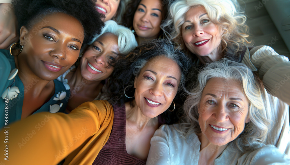 Obraz premium a close-up image of multi-generational women taking a selfie, capturing their joyful expressions and different generations, Multiracial Group, multi generational, Senior people, Fr
