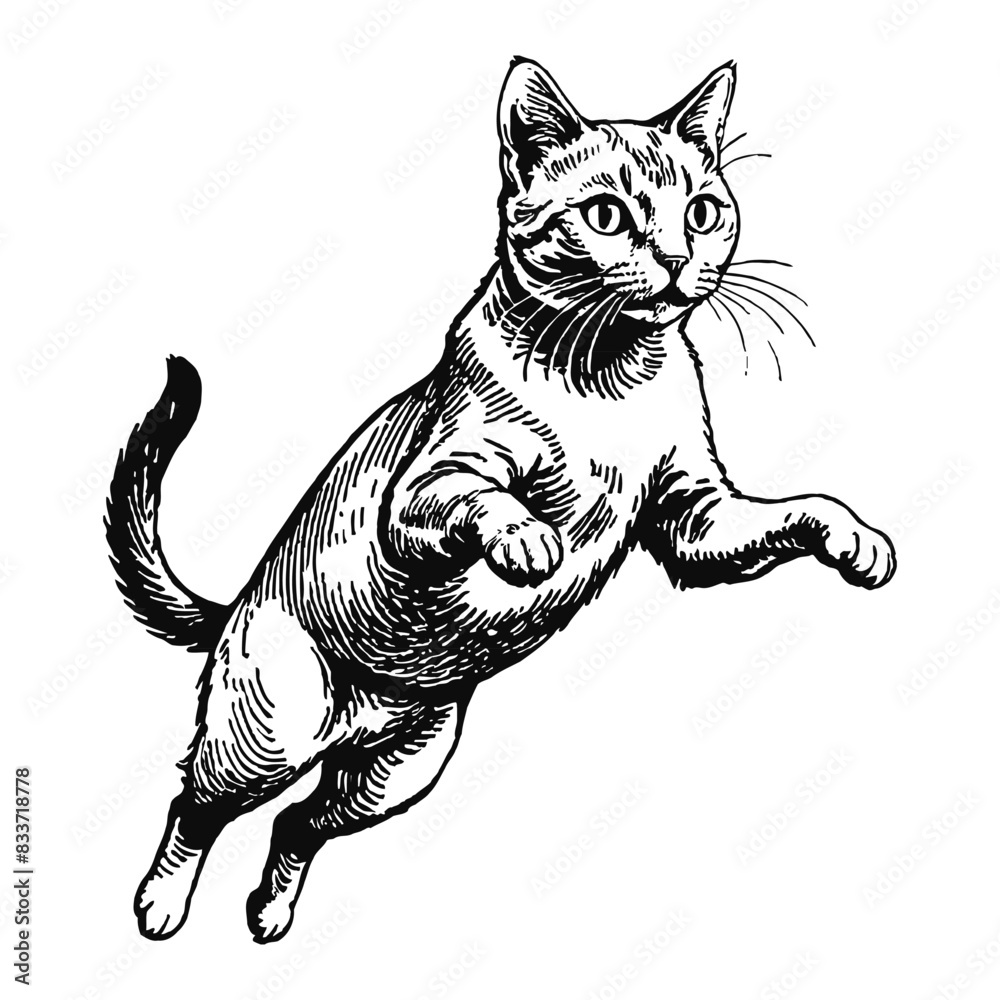 Obraz premium Russian Blue Cat Hand Drawn Engraved Ink Line Art Sketch Illustration