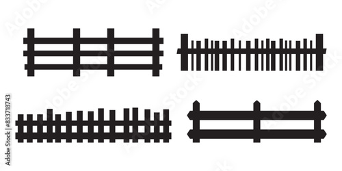 Black wooden fence silhouette isolated on white background. Decorative wood picket fence section design. Vector flat black garden picket fence design. Seamless border