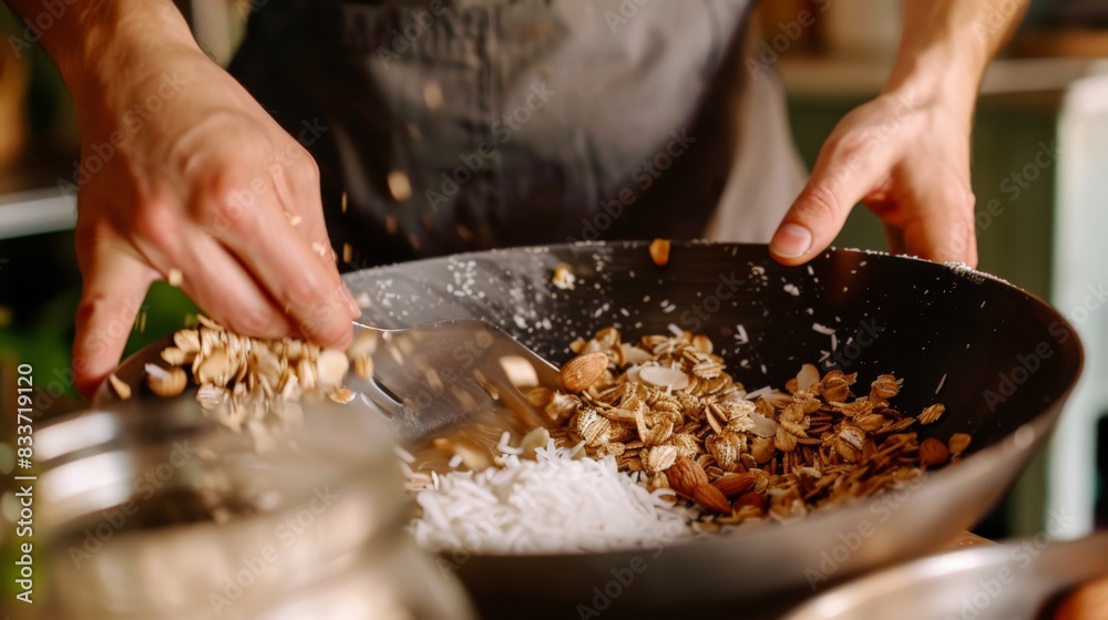 Side View of Hands Mixing Fragrant Granola Mixture in Bowl Side View of Hands Mixing Fragrant Granola Mixture in Bowl