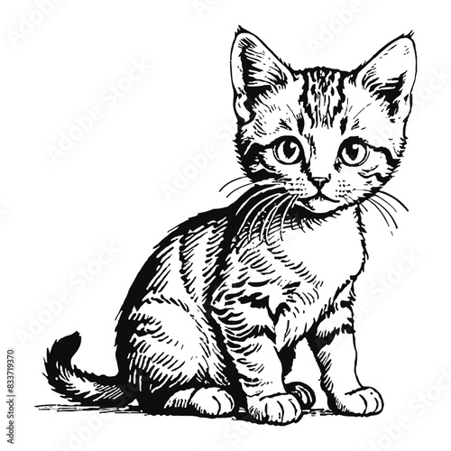 Wild Savannah Cat Kitten Hand Drawn Engraved Ink Line Art Sketch Illustration