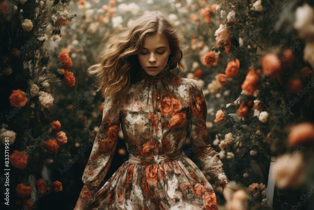 Dreamy portrait of a young woman lost in thought, surrounded by vibrant flowers Dreamy portrait of a young woman lost in thought, surrounded by vibrant flowers