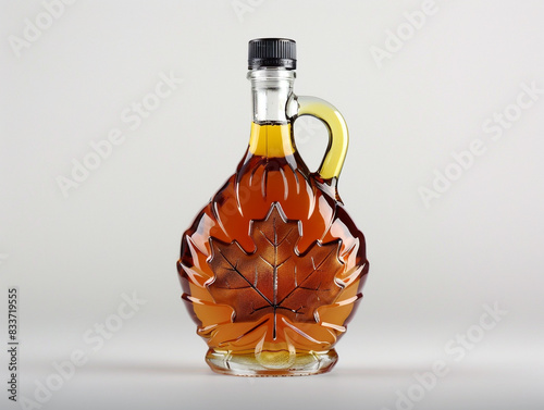 A bottle of maple syrup with a leaf on it. The bottle is made of glass and has a plain background
