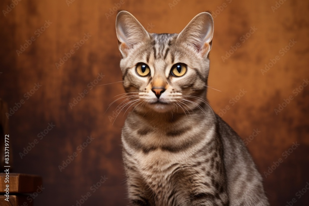 Obraz premium Portrait of a cute egyptian mau cat isolated on soft brown background