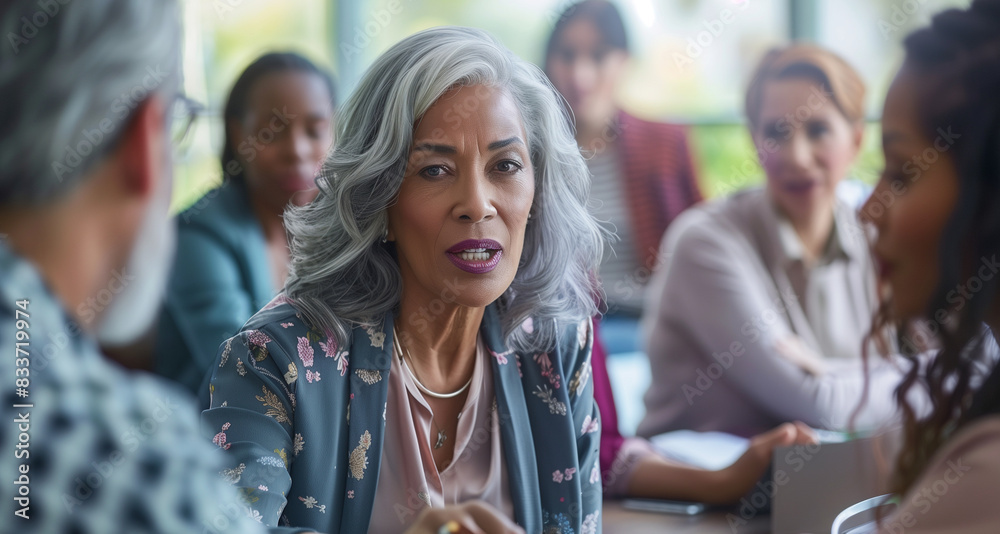 a of a senior executive woman discussing strategies with colleagues in a boardroom, capturing a moment of leadership and collaboration, Multiracial Group, multi gene a of a senior executive woman discussing strategies with colleagues in a boardroom, capturing a moment of leadership and collaboration, Multiracial Group, multi gene
