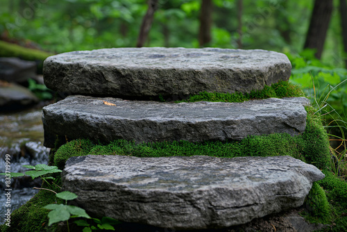 Stone steps with moss in a serene forest environment, showcasing natural beauty and tranquility.