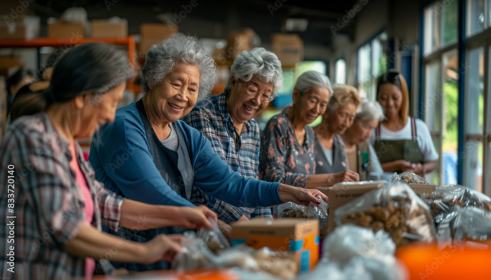 a of a group of senior people in their 60s volunteering at a local charity, sorting donations and working together with smiles, Multiracial Group, People, Senior peo a of a group of senior people in their 60s volunteering at a local charity, sorting donations and working together with smiles, Multiracial Group, People, Senior peo