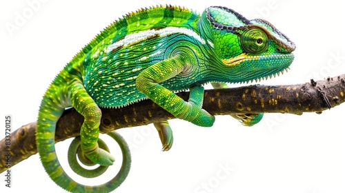 A vibrant green chameleon, blending seamlessly against a transparent background, its colorful scales captured in breathtaking detail