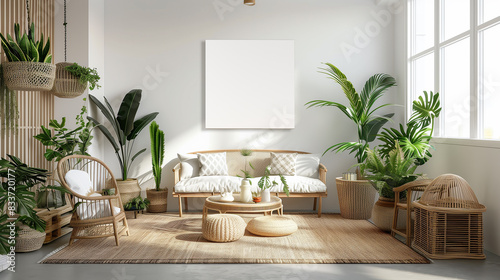Scandinavian Style Living Room with Blank Square Canvas Mockup and Tropical Plants	