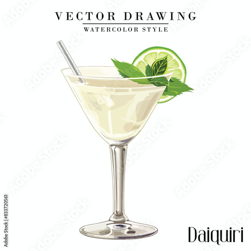 Daiquiri alcoholic cocktail vector vintage watercolor style
