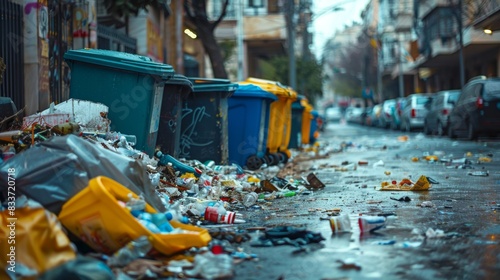 Wallpaper Mural Urban street filled with trash and overflowing garbage bins, highlighting the issue of waste management Torontodigital.ca
