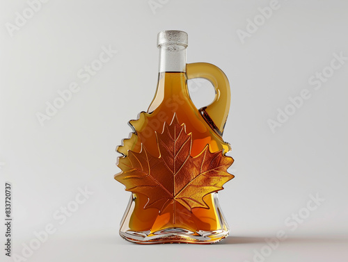 A bottle of maple syrup with a leaf on it. The bottle is made of glass and has a plain background 