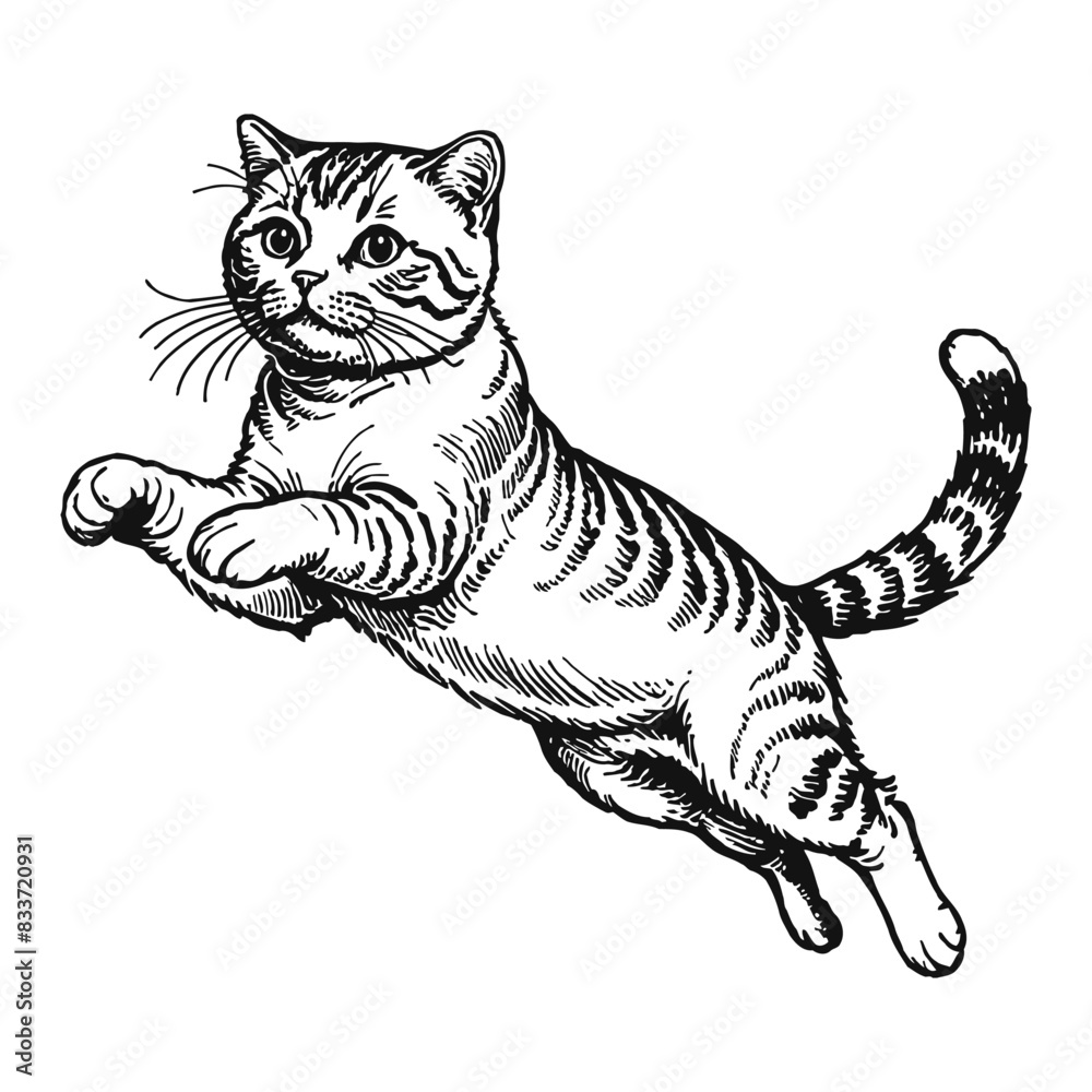 Scottish Fold Cat Hand Drawn Engraved Ink Line Art Sketch Illustration