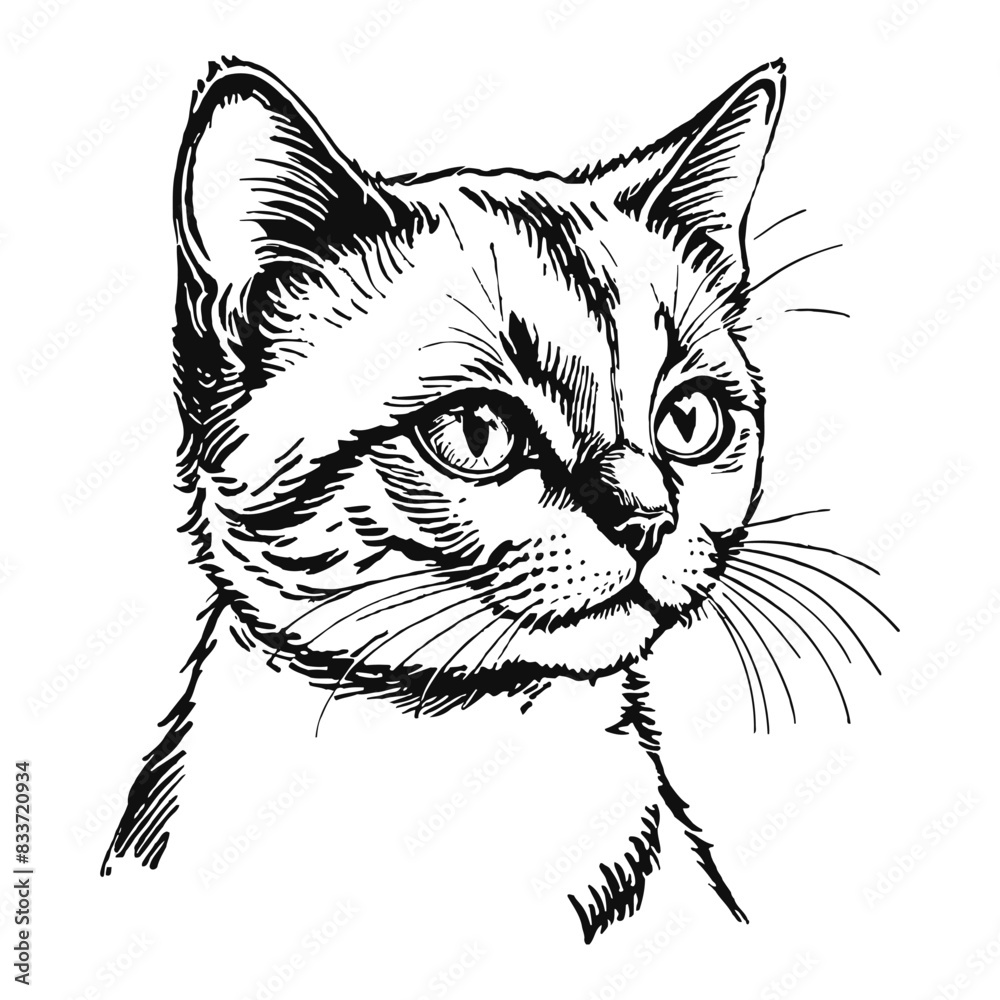 Obraz premium Siamese Cat Kitten Hand Drawn Engraved Ink Line Art Sketch Illustration