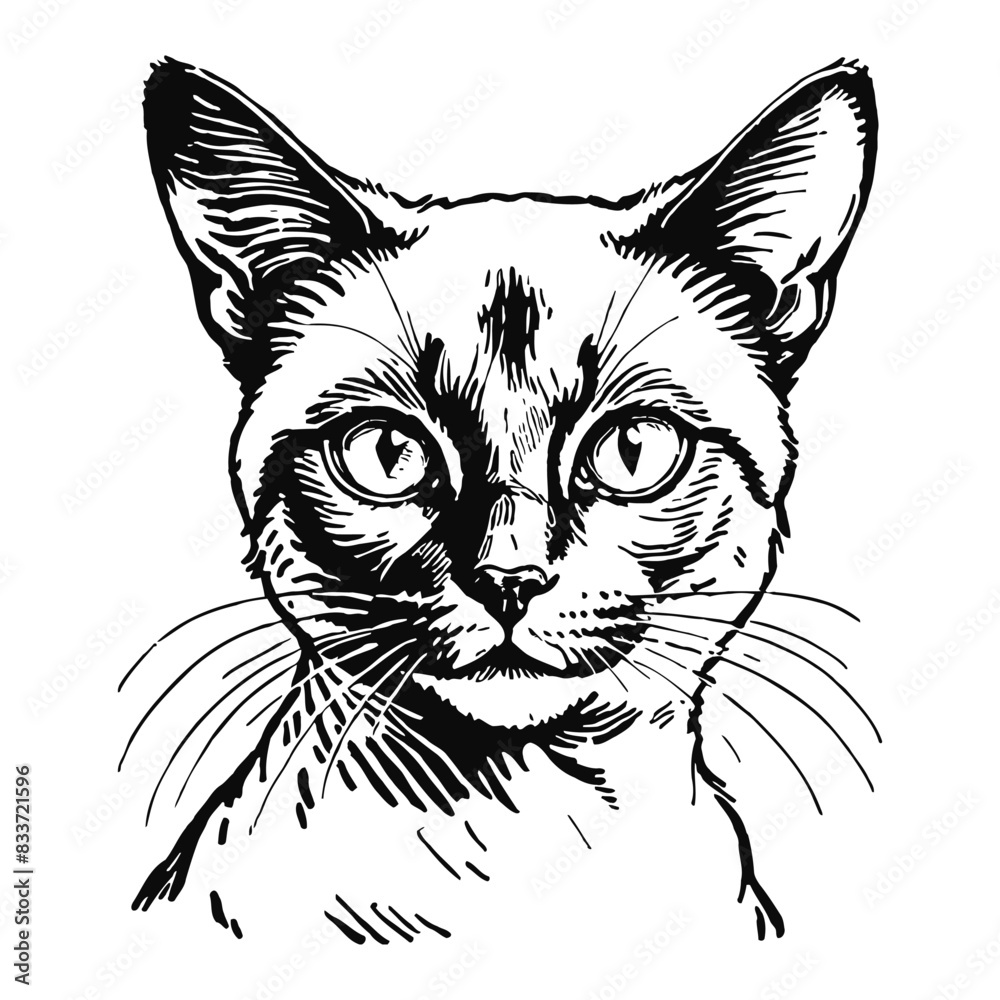 Siamese Cat Hand Drawn Engraved Ink Line Art Sketch Illustration