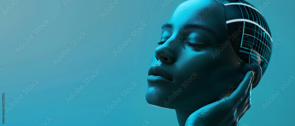 Portrait of a young woman with a futuristic mask on her head Portrait of a young woman with a futuristic mask on her head