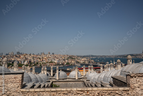 A view from the Suleymaniye Mosque on the Golden Horn in Istanbul and the Bosphorus Strait