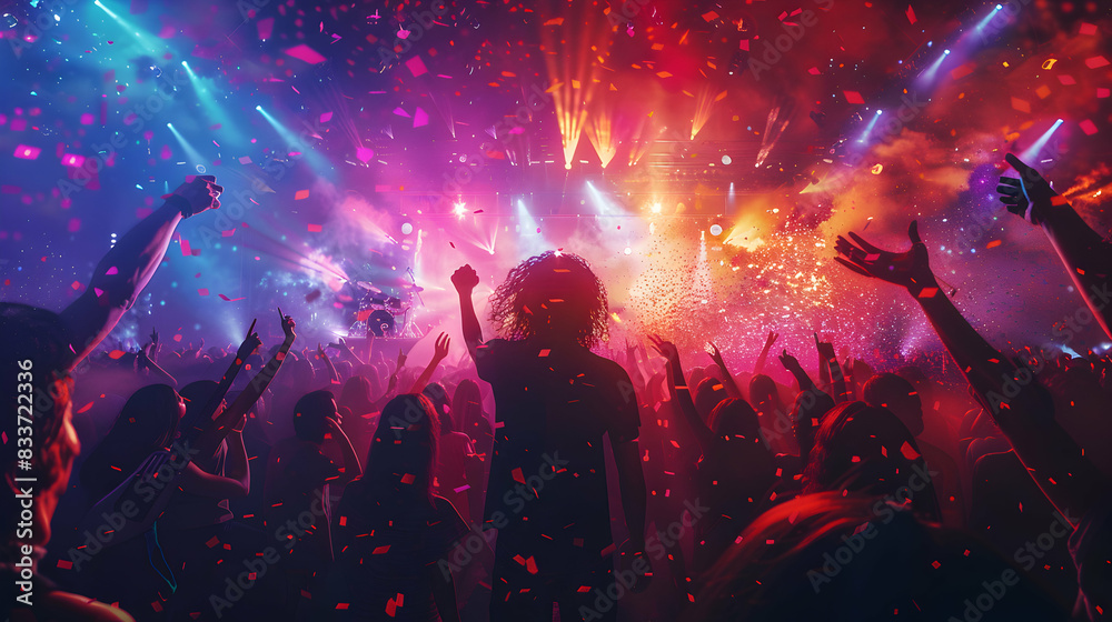 Exciting Friends Reuniting at Concert: Blend of Friendship and Music Joy in Photo Realistic Scene for Social and Entertainment Ads