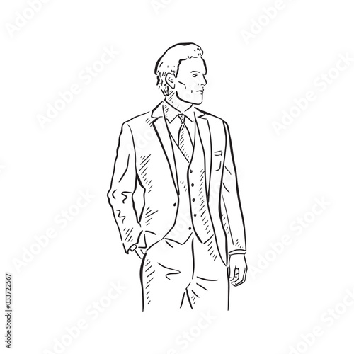 Wallpaper Mural Man wearing a three piece suit for a wedding. Drawn by hand in line drawn style. Torontodigital.ca