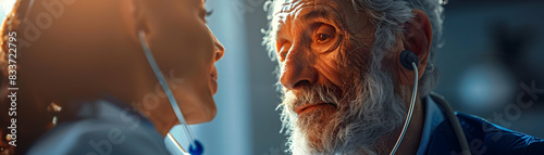 Photo realistic depiction of a geriatrician administering a health check up to an elderly patient, demonstrating care and expertise. Perfect for healthcare and geriatric ads in pho photo