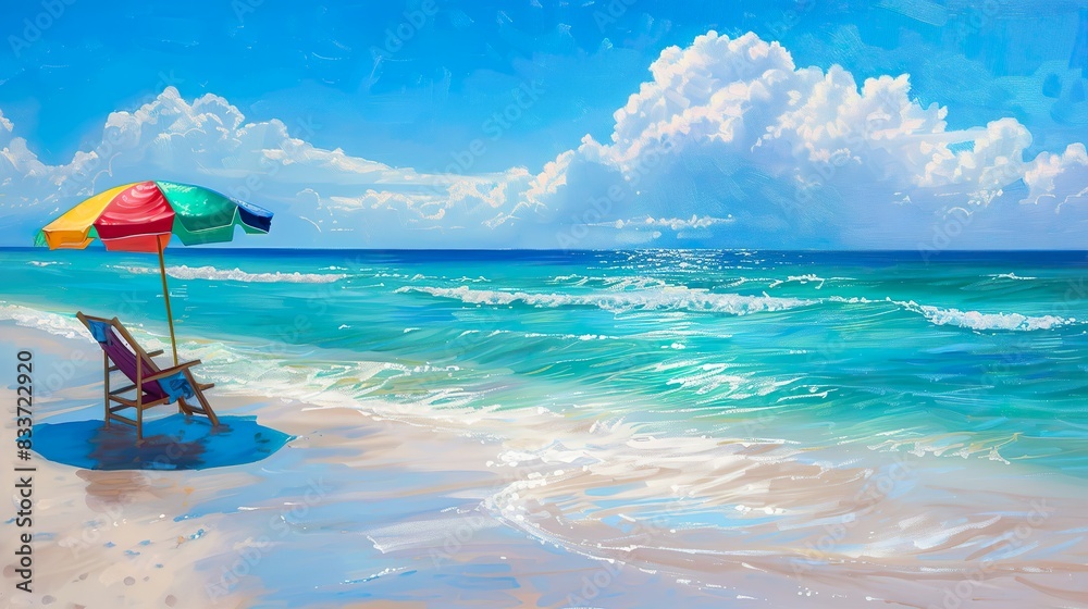 beautiful beach with waves, beach chair, and umbrella