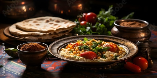 Egyptian breakfast with traditional dishes like foul medames taameya and falafel. Concept Egyptian Cuisine, Traditional Dishes, Breakfast Foods, Foul Medames, Taameya, Falafel photo