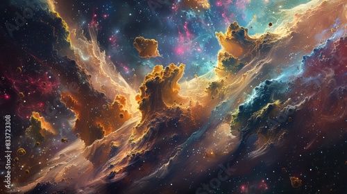 Abstract Cosmic Landscapes  Imaginary landscapes set in space with surreal elements like floating rocks and colorful gases