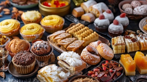 A table full of assorted pastries and desserts, including cakes, donuts