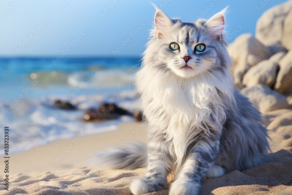 Portrait of a happy american curl cat isolated on sandy beach background Portrait of a happy american curl cat isolated on sandy beach background
