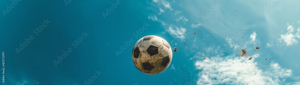 Naklejka premium Soaring to Victory: Dynamic Soccer Ball in 4K Wallpaper，A football being kicked into the sky, blue sky, shot from below, football match live broadcast, European Cup 2024, 4k high-definition wallpape
