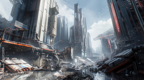 A futuristic city with towering buildings amidst debris and destruction