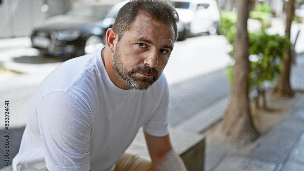 Handsome middle-aged hispanic man with grey hair, wearing a white shirt, sitting outdoors in a blurred urban street setting. Handsome middle-aged hispanic man with grey hair, wearing a white shirt, sitting outdoors in a blurred urban street setting.