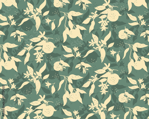 Repeat green and beige silhouette pattern of orange fruit and blossom