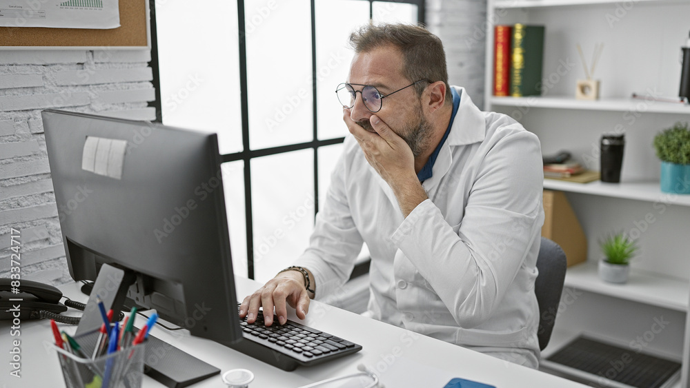A surprised mature hispanic man with grey hair in a white lab coat works on a computer in a clinic office. A surprised mature hispanic man with grey hair in a white lab coat works on a computer in a clinic office.