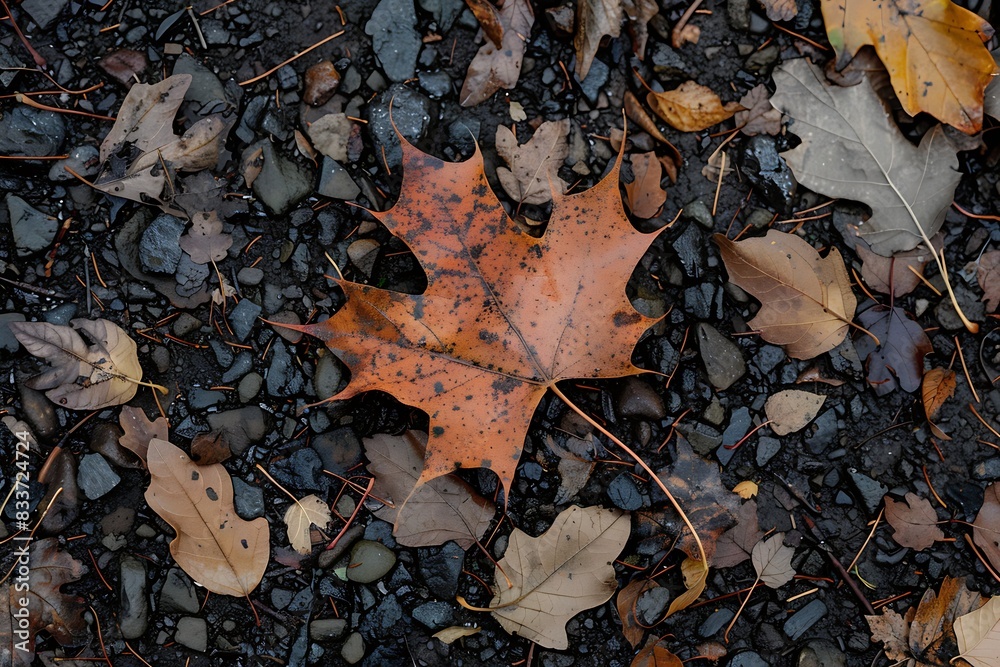 The rough, textured surface of an autumn leaf on the ground