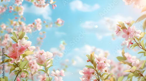 A beautiful blue sky with a few clouds and a bunch of pink flowers. The flowers are in full bloom and are scattered throughout the sky