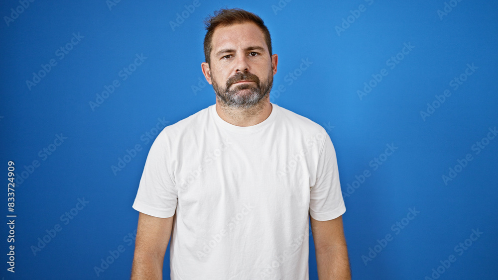 Fototapeta premium Hispanic mature man with grey hair wearing a white shirt against a blue wall outdoors