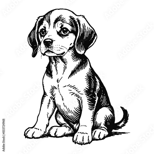 Beagle Dog Puppy Hand Drawn Engraved Ink Line Art Sketch Illustration