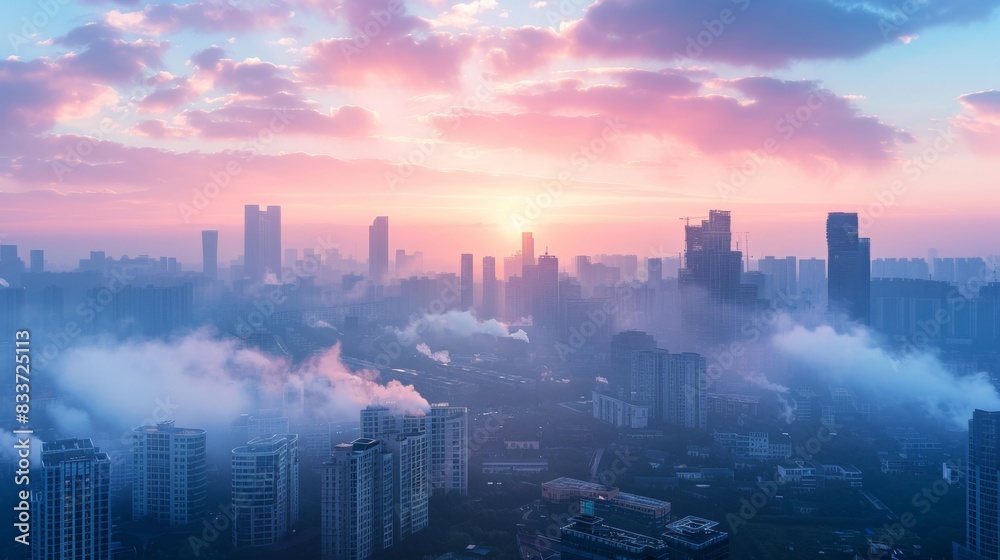Fototapeta premium Modern city skyline with smog and air pollution, emphasizing environmental issues